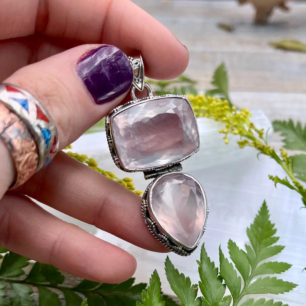 Fancy Double Rose Quartz Pendant - Sterling Silver