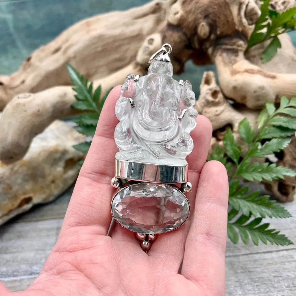 Huge Quartz Ganesha Pendant - Sterling Silver