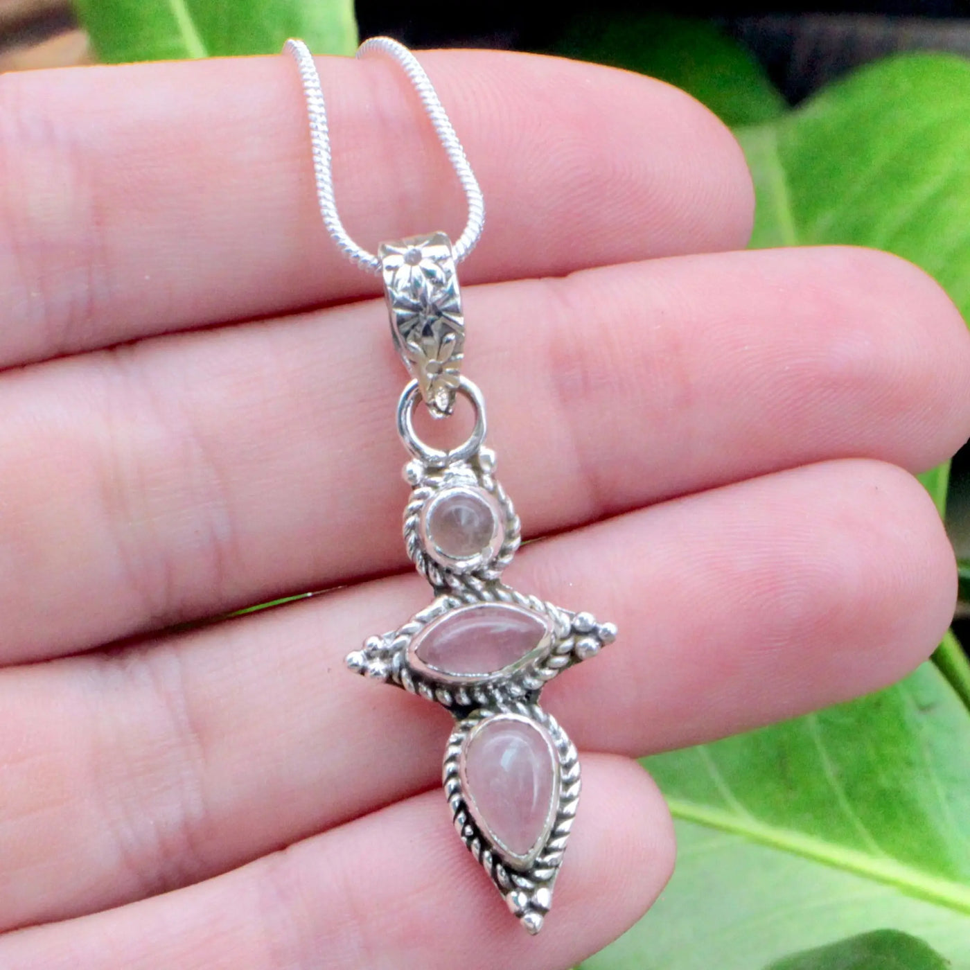 Rose Quartz Triple Stone Pendant - Sterling Silver