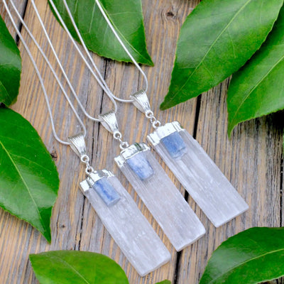 Selenite with Kyanite Pendant - Sterling Silver