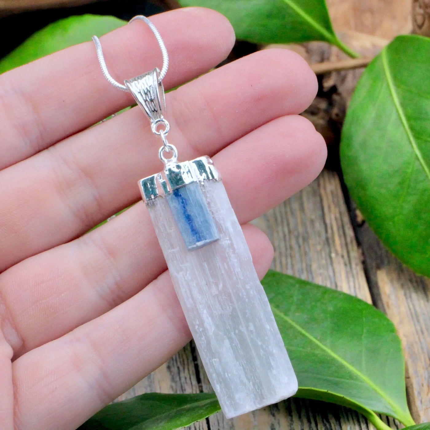 Selenite with Kyanite Pendant - Sterling Silver