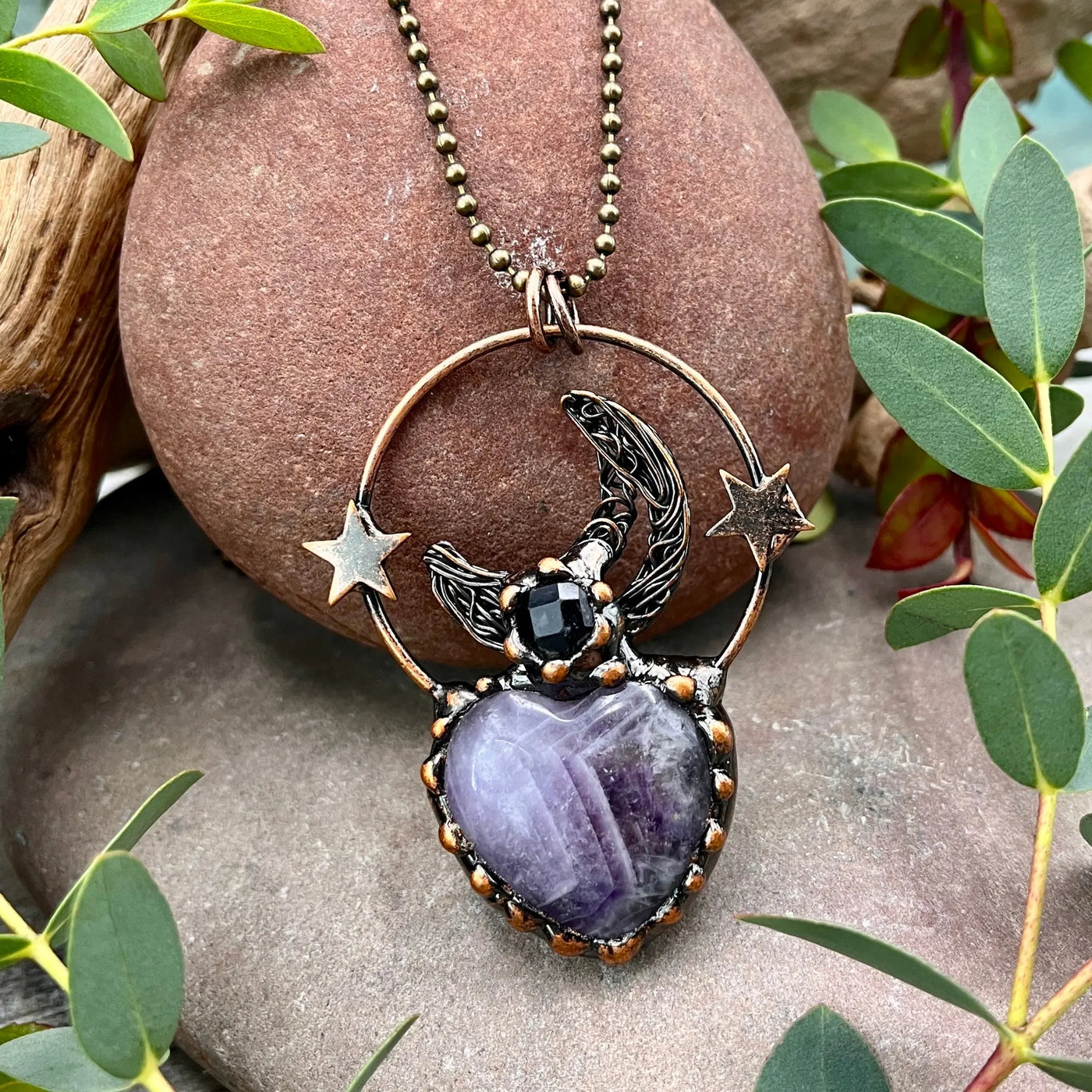 Amethyst Heart Moon & Stars Necklace