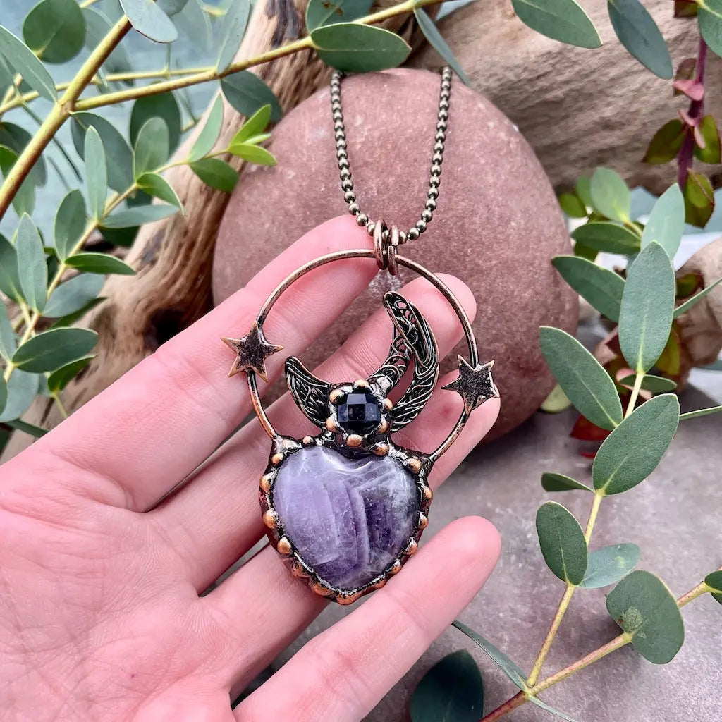 Amethyst Heart Moon & Stars Necklace