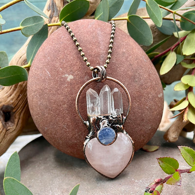 Rose Quartz Heart Necklace with Quartz Points