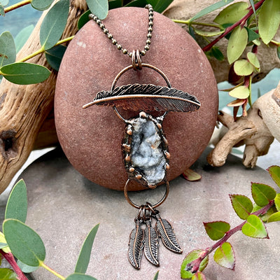 Chalcedony Druzy Feather Necklace - Bronze