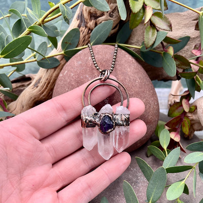 Triple Quartz Point Necklace with Amethyst