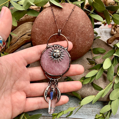 Rose Quartz Sun & Moon Necklace - Bronze