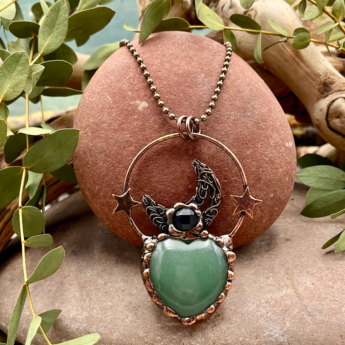 Green Aventurine Heart Moon & Stars Necklace