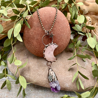 Rose Quartz Moon Necklace with Amethyst Drop