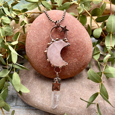 Rose Quartz Moon Necklace with Quartz Drop