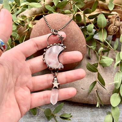 Quartz Moon Necklace with Quartz Drop