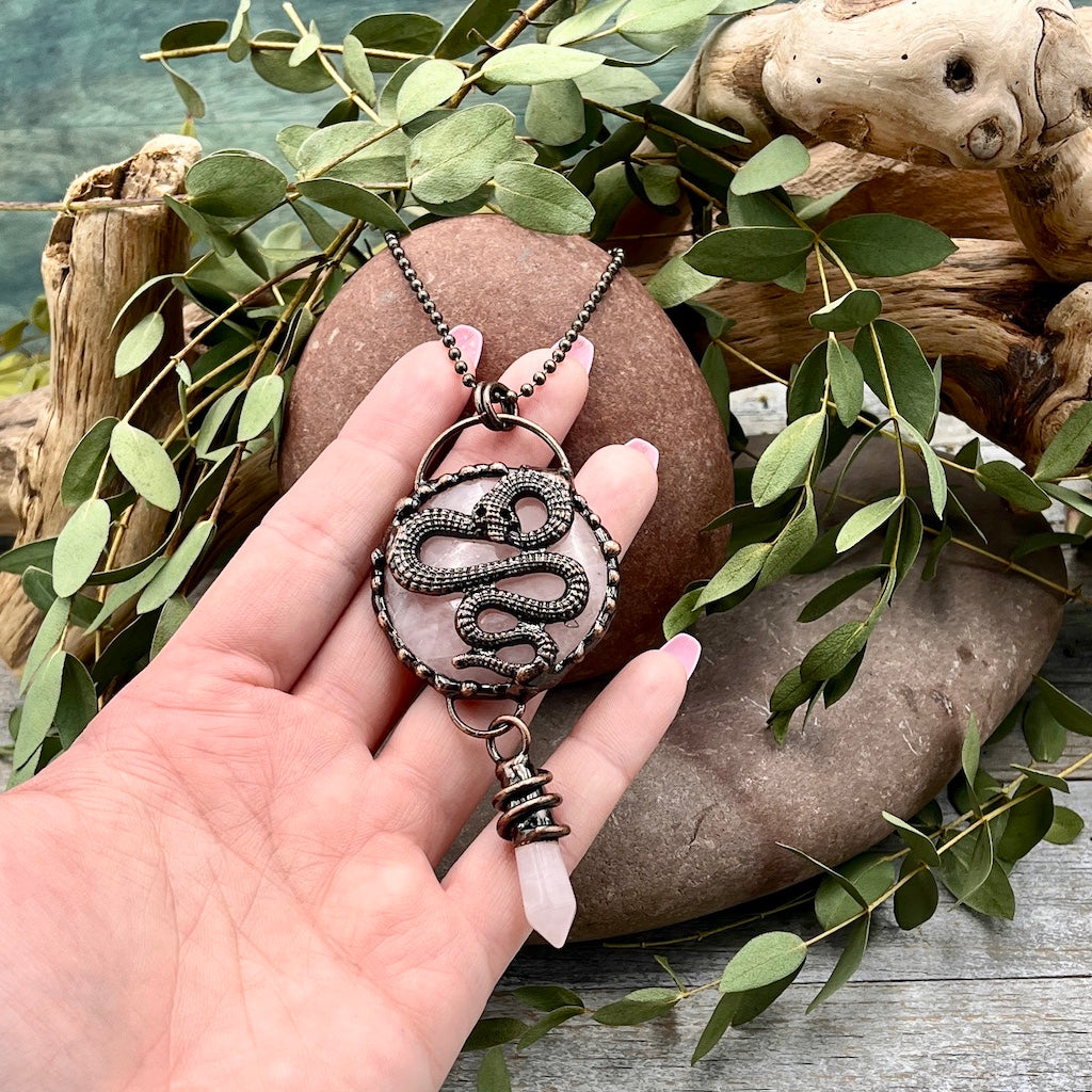 Rose Quartz Snake Necklace - Bronze