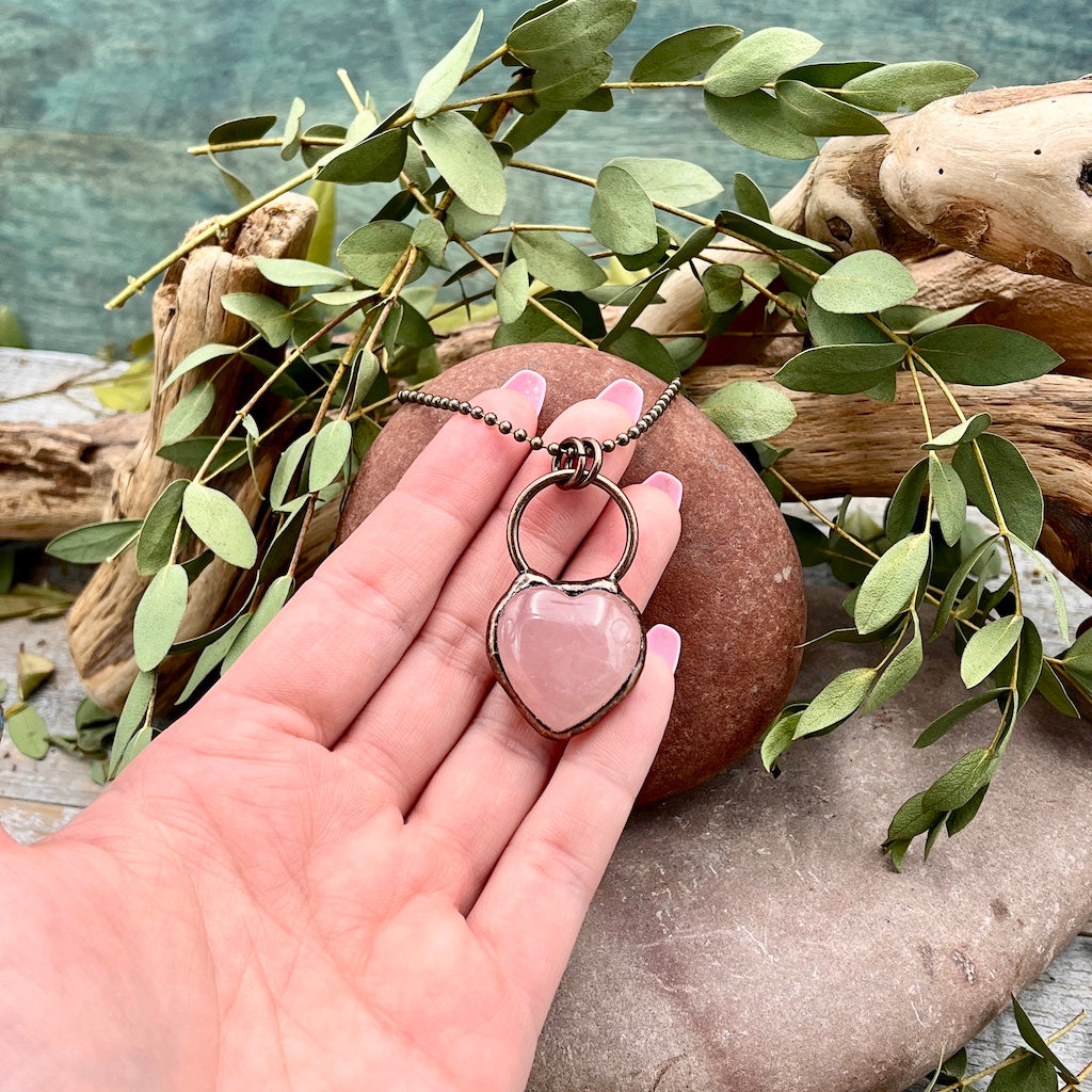 Rose Quartz Heart Necklace - Bronze