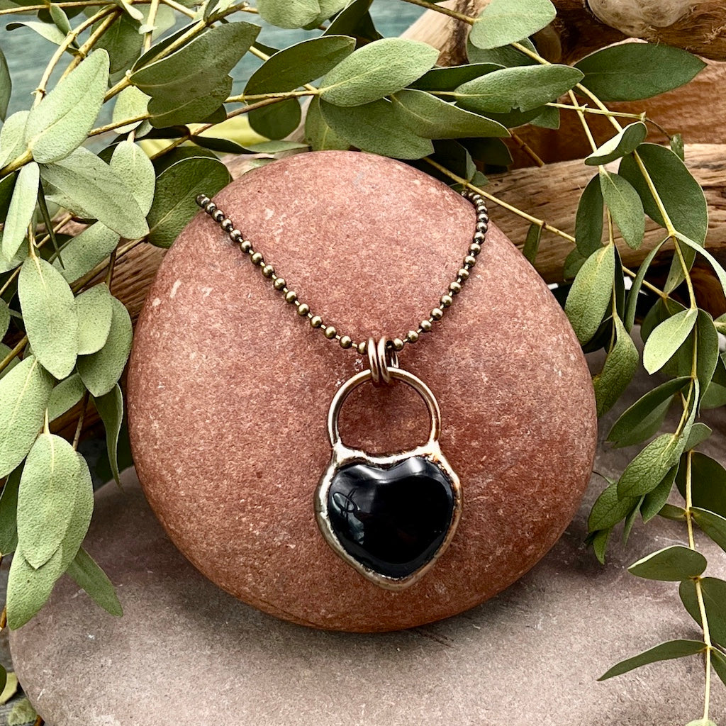 Black Jasper Heart Necklace - Bronze