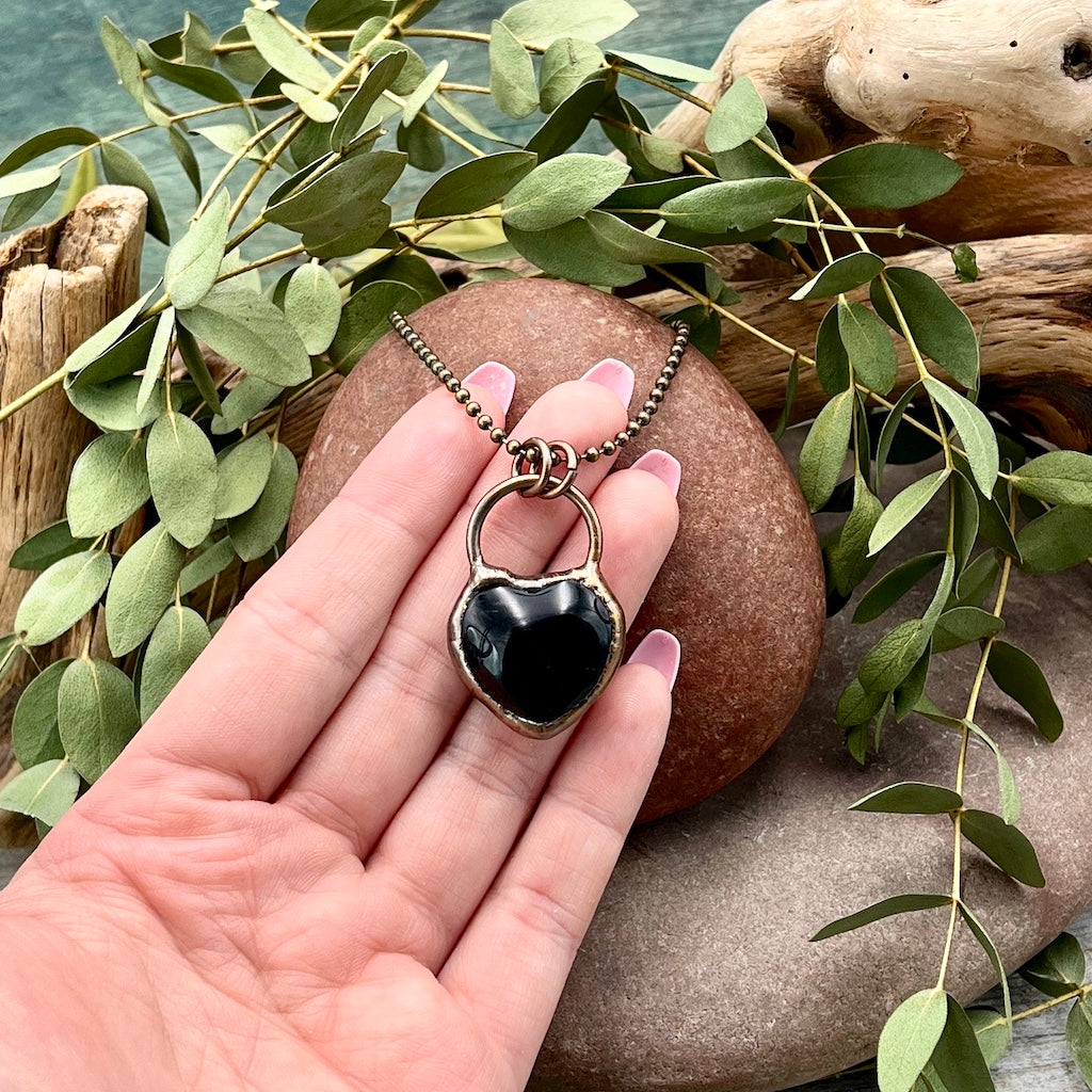 Black Jasper Heart Necklace - Bronze