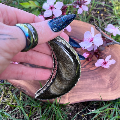 Golden Sheen Obsidian Moon Pendant