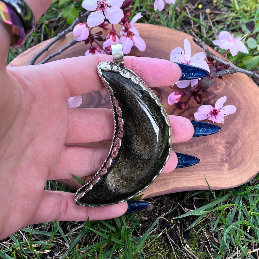 Golden Sheen Obsidian Moon Pendant