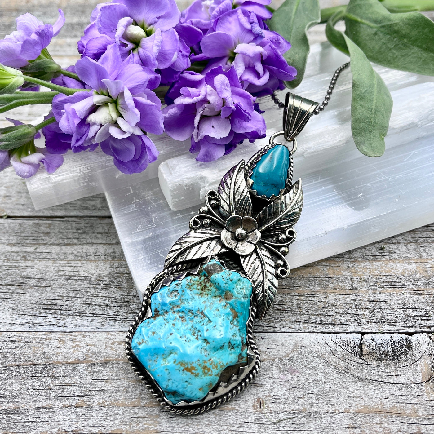 Huge Double Turquoise Floral Pendant