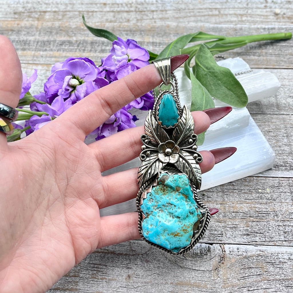 Huge Double Turquoise Floral Pendant