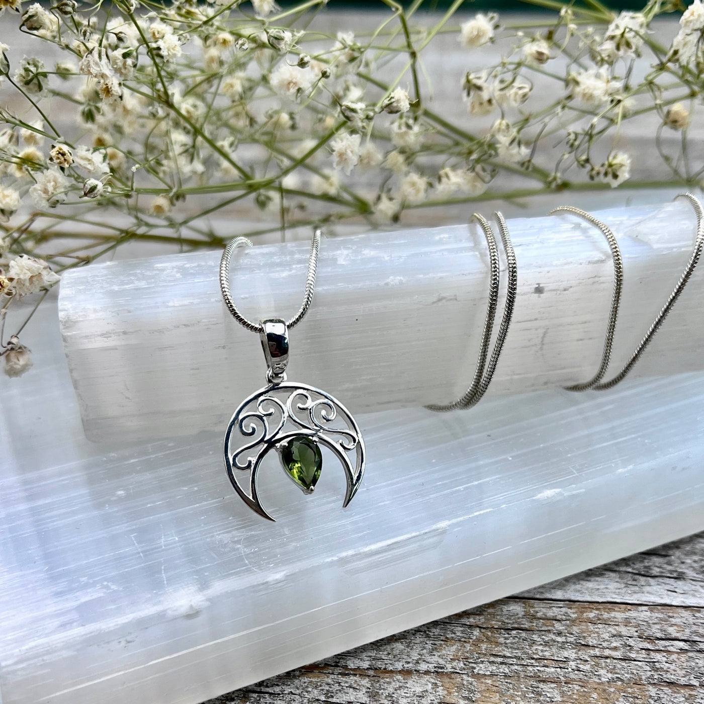 Faceted Moldavite Crescent Moon Necklace