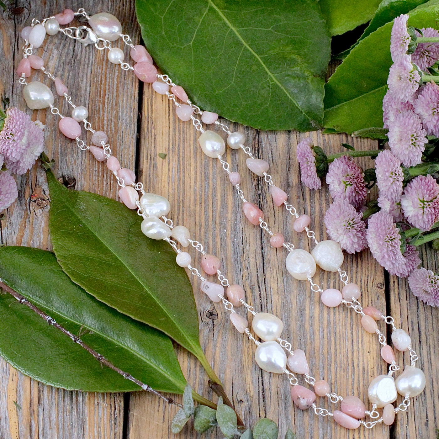 Pink Opal and Pearl Necklace