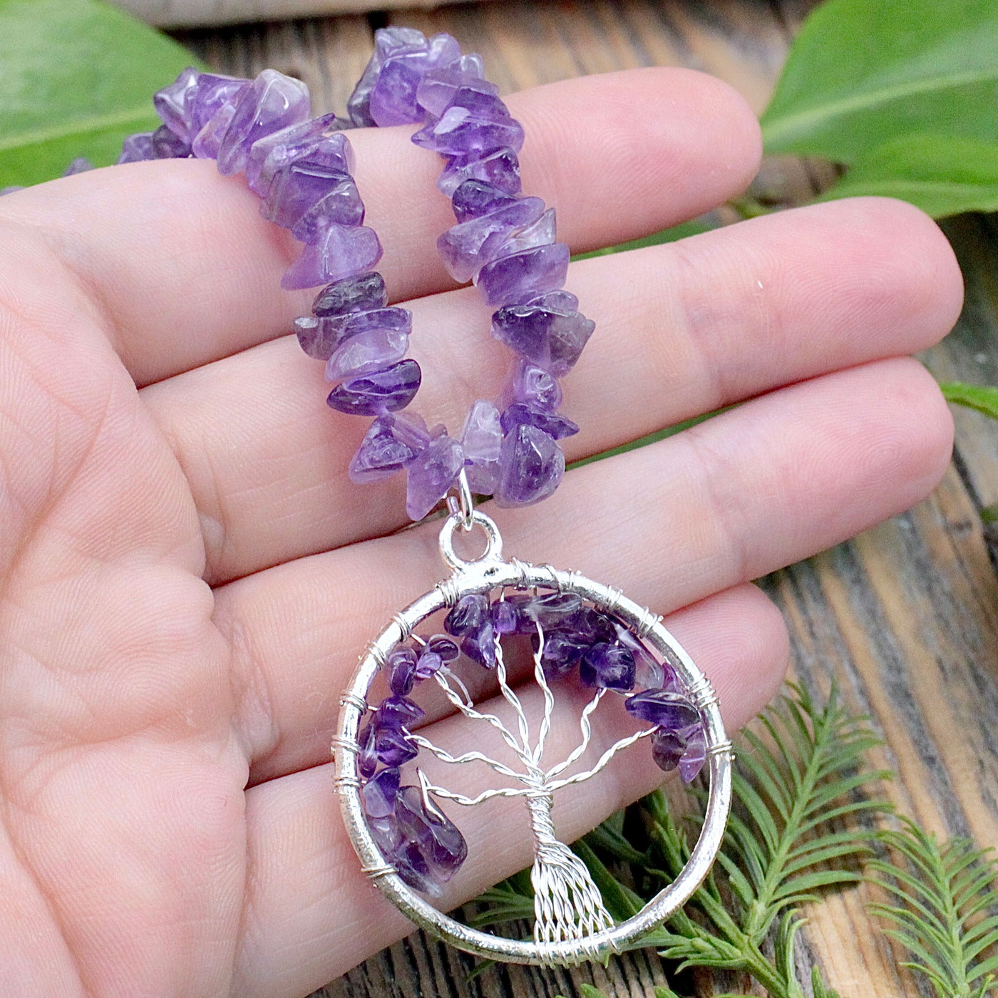 Amethyst Chip Necklace with Tree of Life Pendant