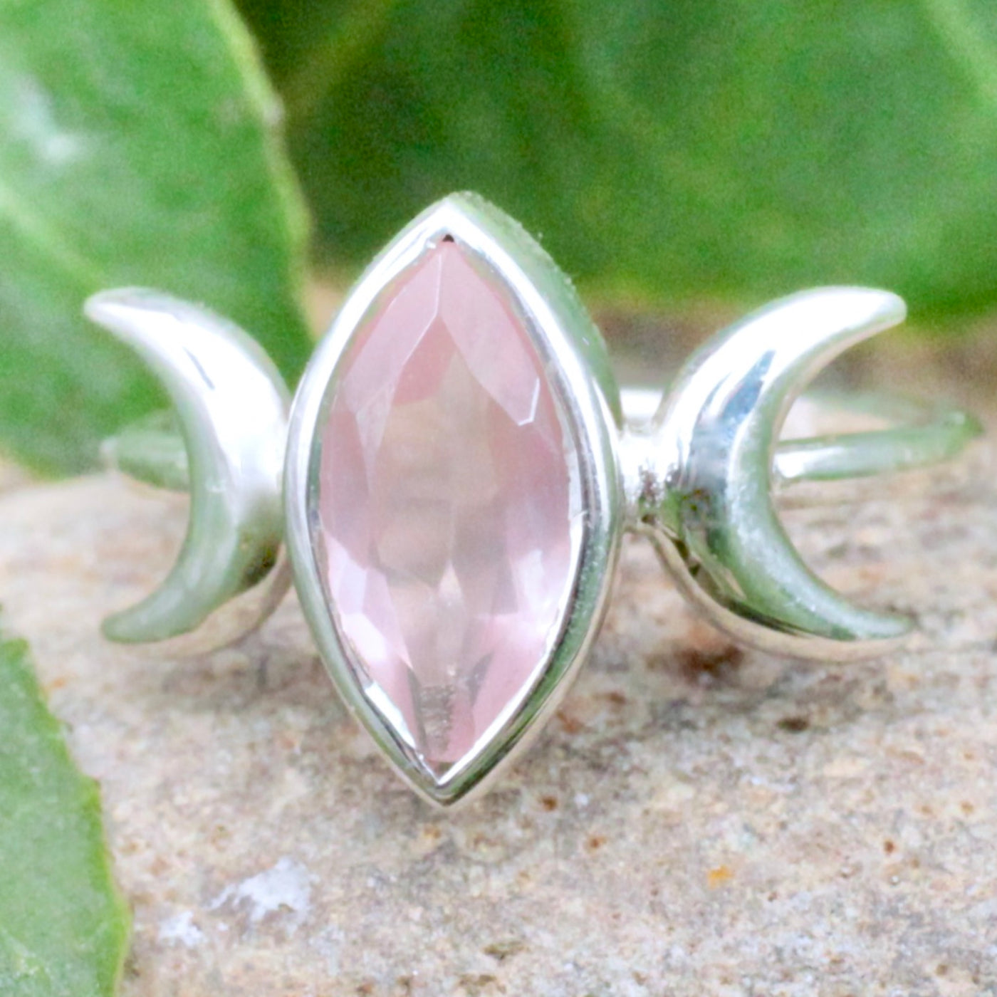 Rose Quartz Triple Moon Ring - Sterling Silver