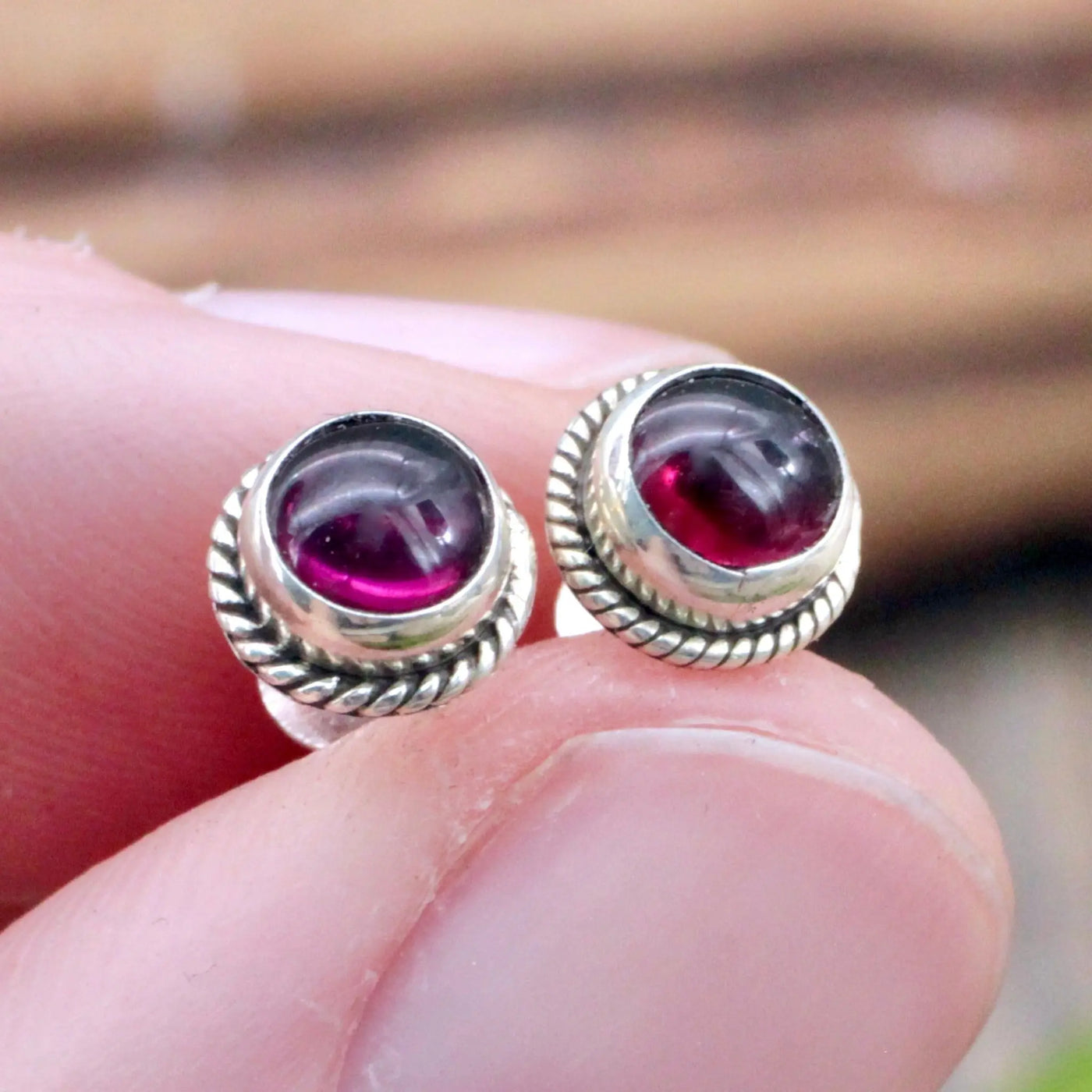 Garnet Stud Earrings with Silverwork in Sterling Silver