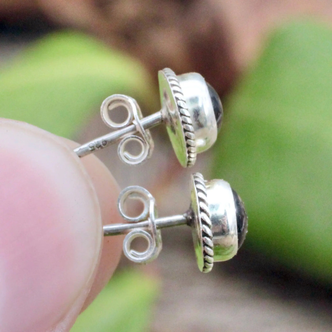 Garnet Stud Earrings with Silverwork in Sterling Silver