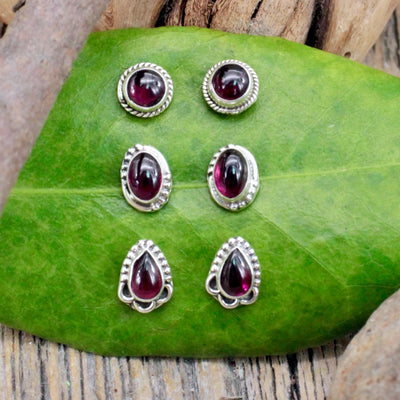 Garnet Stud Earrings with Silverwork in Sterling Silver