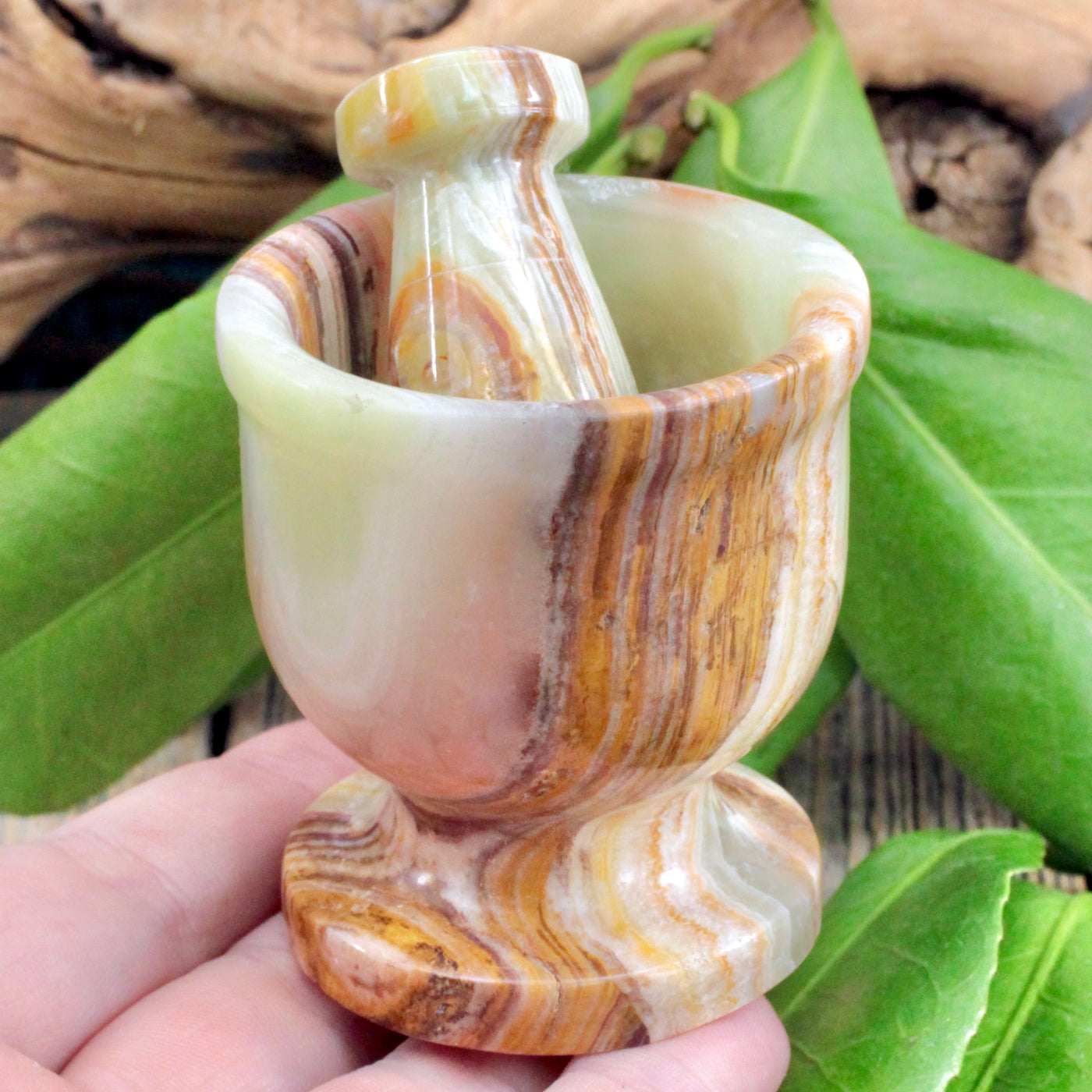 Green Banded Calcite Mortar and Pestle