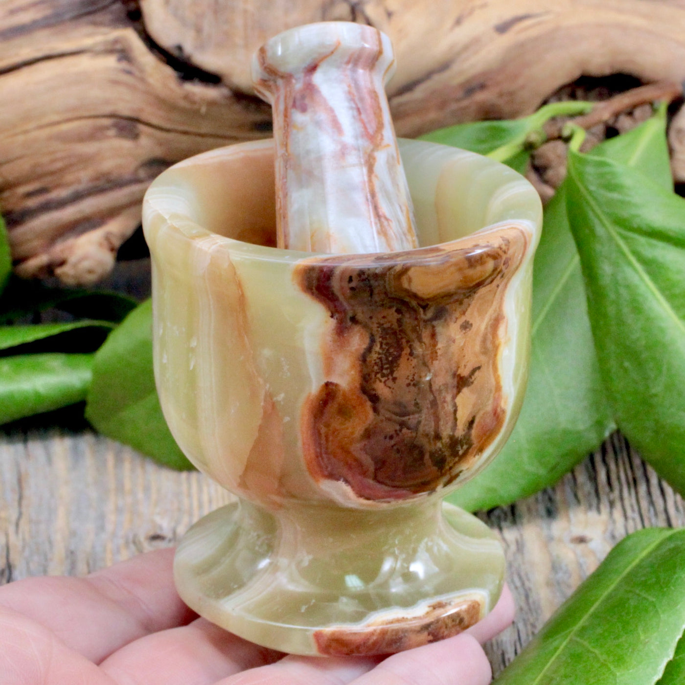 Green Banded Calcite Mortar and Pestle