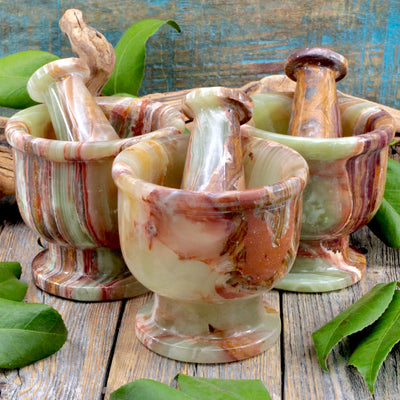 Green Banded Calcite Mortar and Pestle