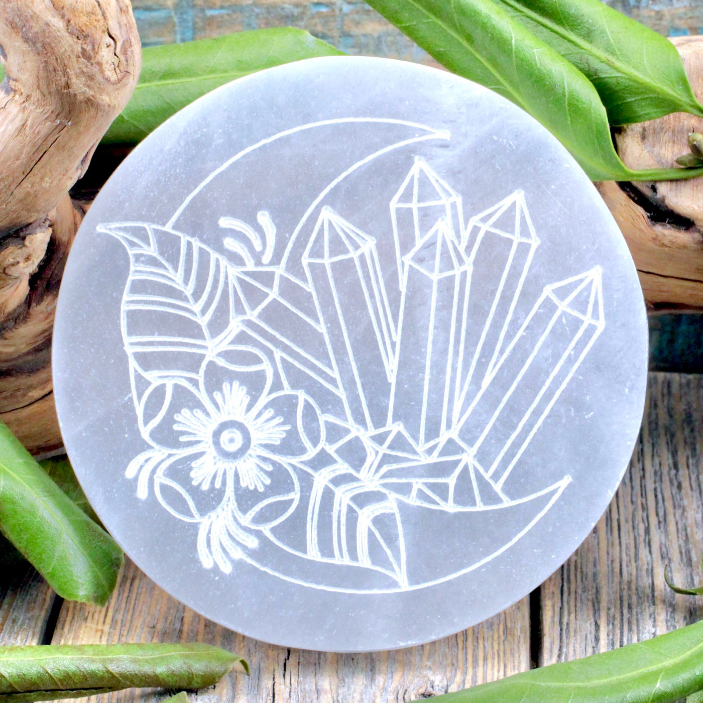 Selenite Charging Plate - Moon, Gems and Flower