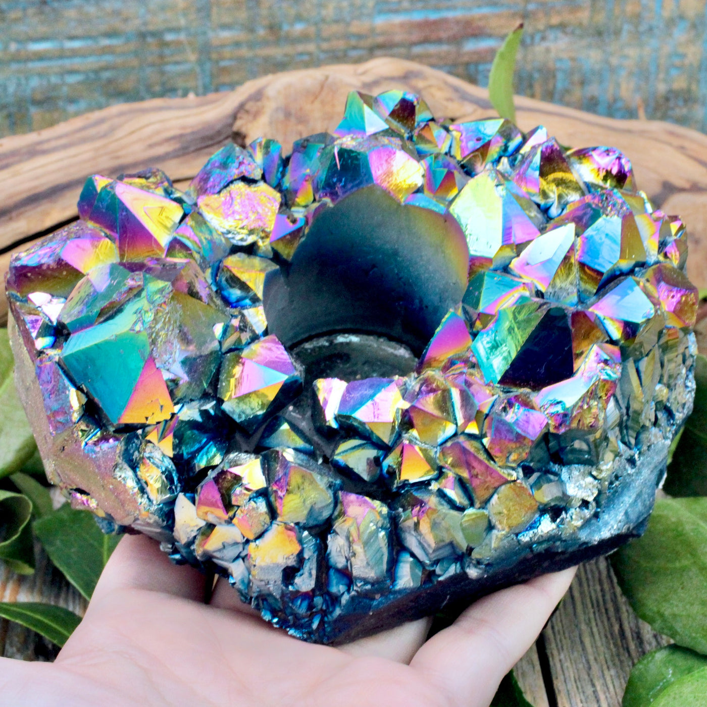 Titanium Aura Quartz Candle Holder