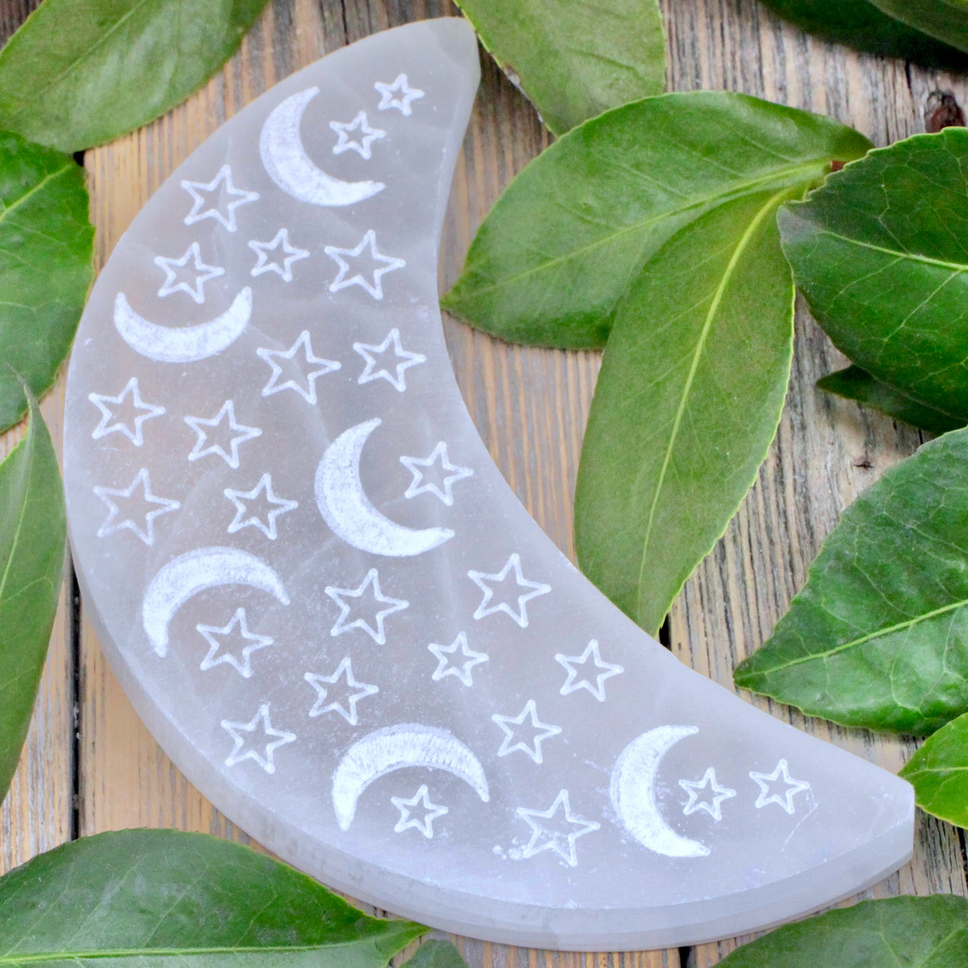 Selenite Crescent Charging Plate: Moon and Stars -Large