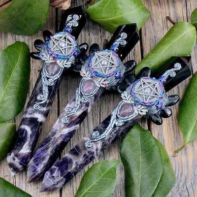 Fancy Large Crystal Wand - Obsidian and Chevron Amethyst