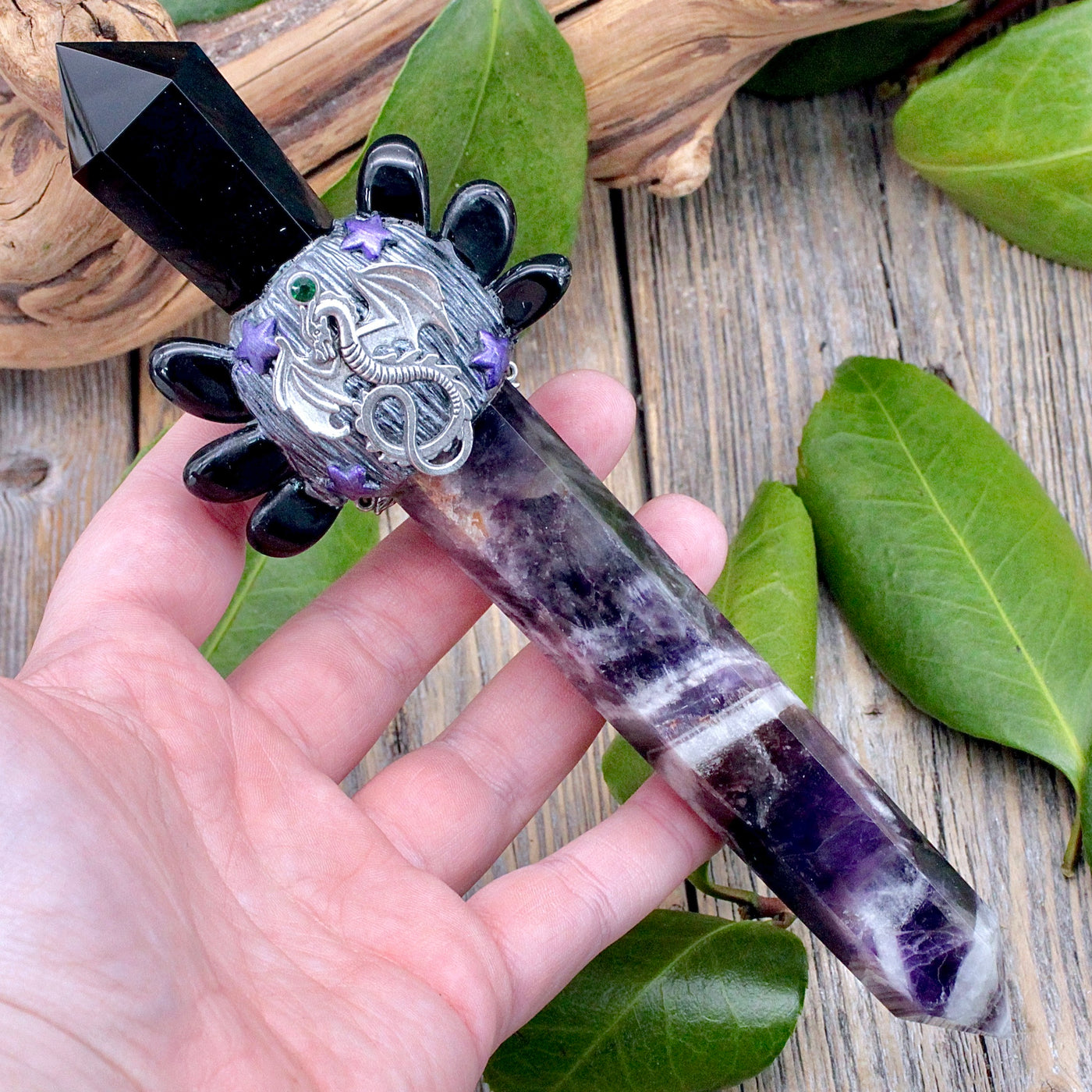 Fancy Large Crystal Wand - Obsidian and Chevron Amethyst