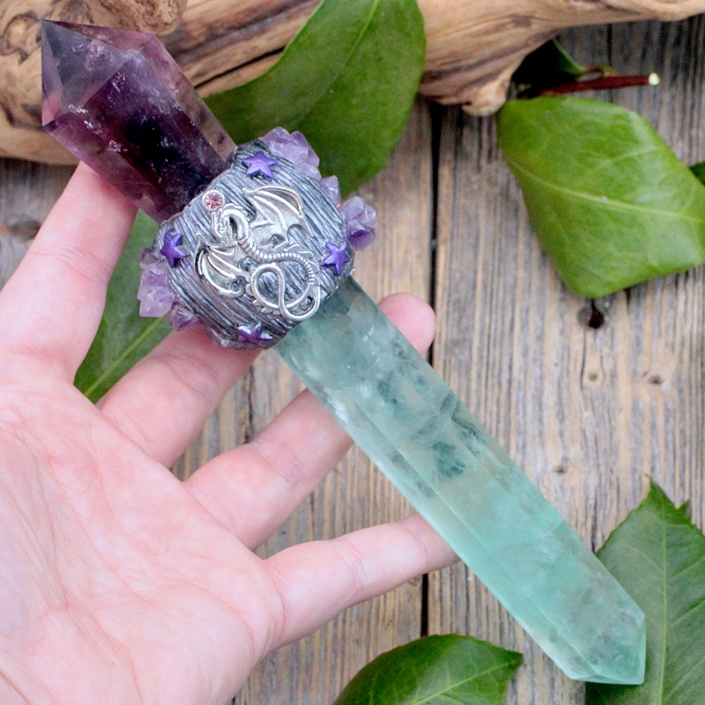 Fancy Large Crystal Wand - Green Fluorite and Amethyst