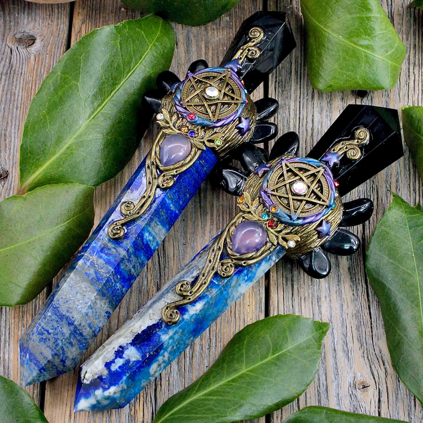 Fancy Large Crystal Wand - Lapis Lazuli and Obsidian