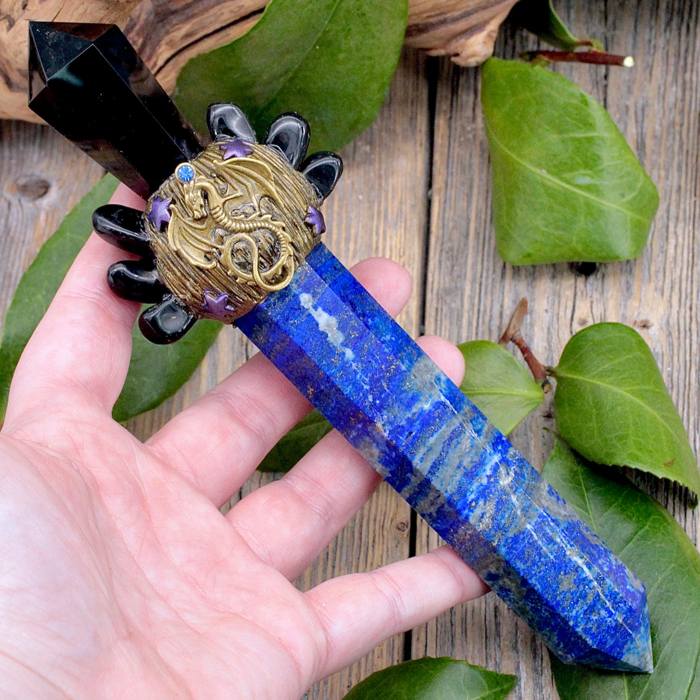 Fancy Large Crystal Wand - Lapis Lazuli and Obsidian