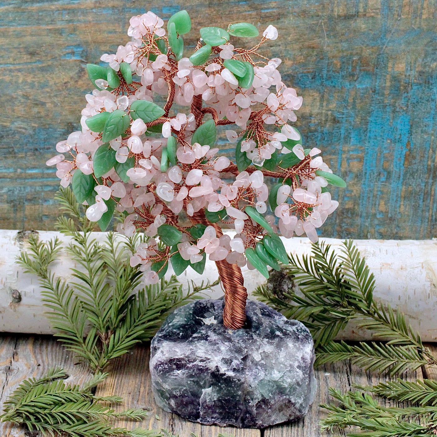 Rose Quartz and Green Aventurine Crystal Tree on Fluorite Base