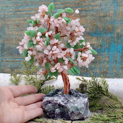 Rose Quartz and Green Aventurine Crystal Tree on Fluorite Base