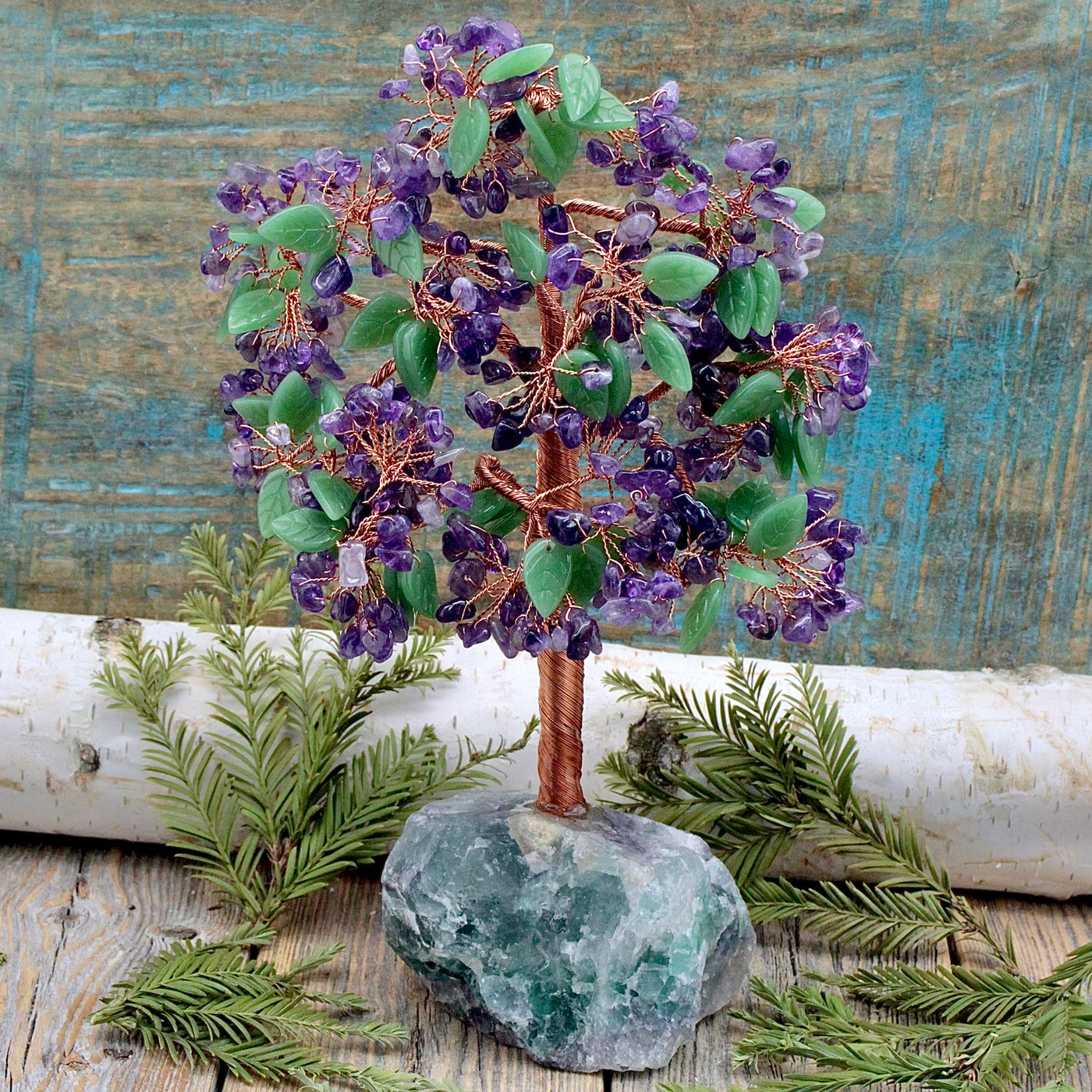 Amethyst and Green Aventurine Crystal Tree on Fluorite Base