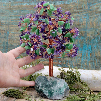 Amethyst and Green Aventurine Crystal Tree on Fluorite Base