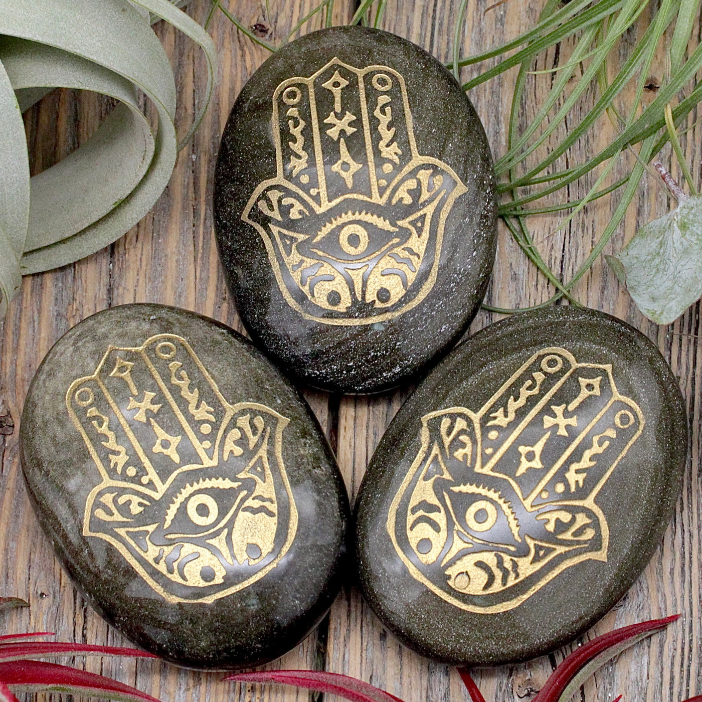 Golden Sheen Obsidian Palm Stone with Hamsa Hand