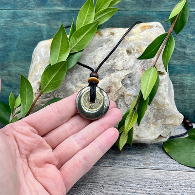 Manifestation Pyrite Necklace 30mm hand