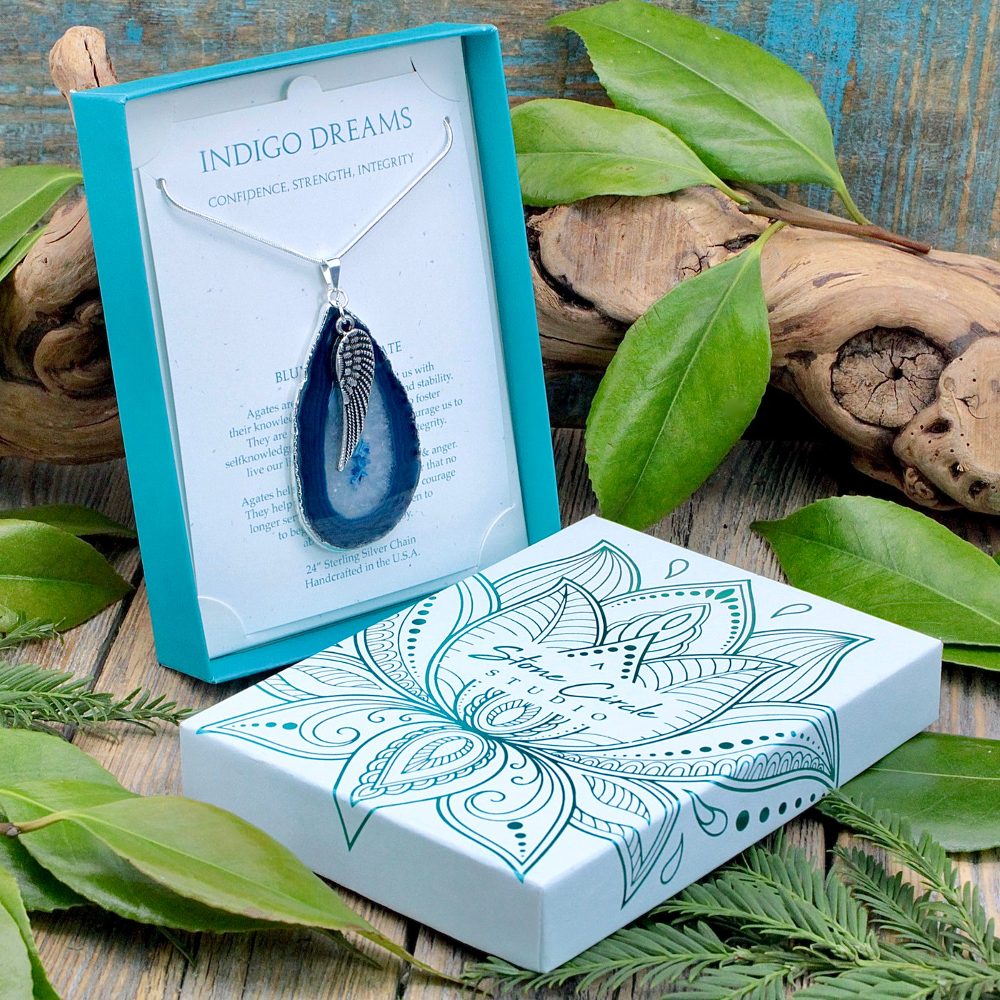 Indigo Dreams Blue Ocean Agate with Wing Charm Necklace