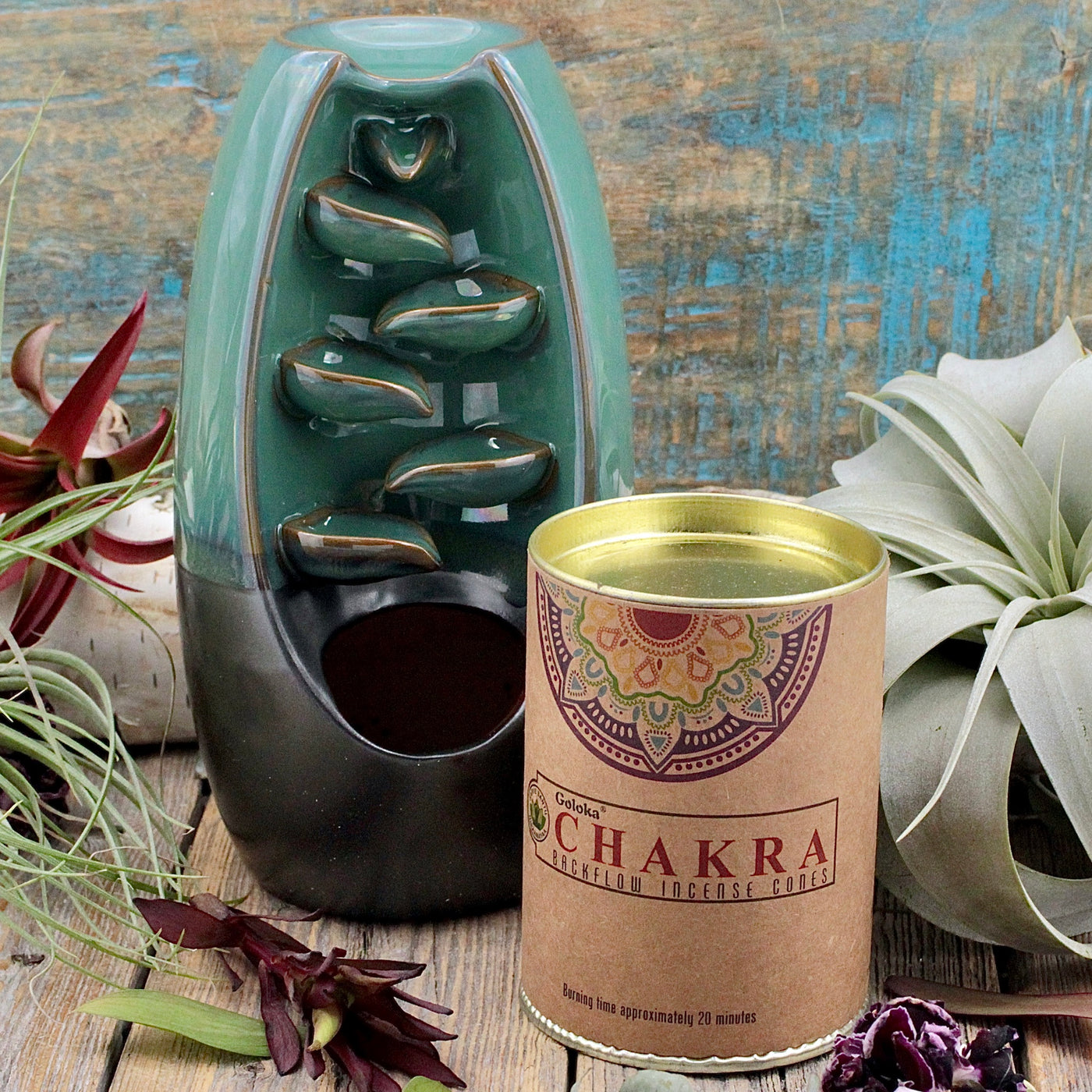 Green Ceramic Backflow Incense Burner and Chakra Cone Incense Bundle