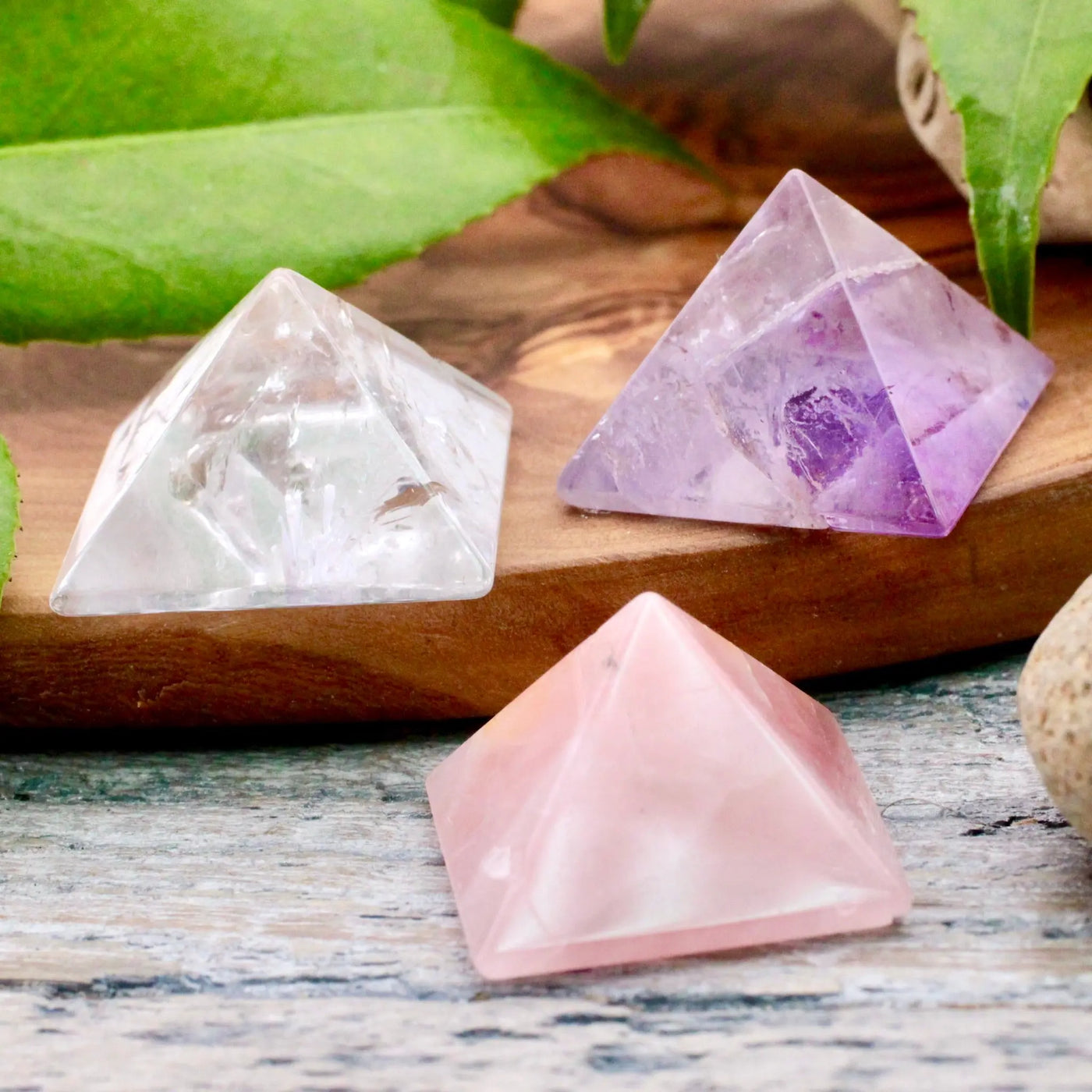 Amethyst Rose Quartz and Clear Quartz Pyramid Trio